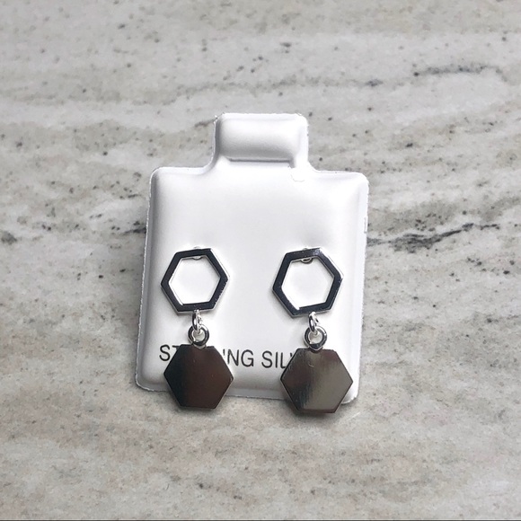 925 Sterling Silver Geometric Hexagon Earrings - Picture 1 of 8